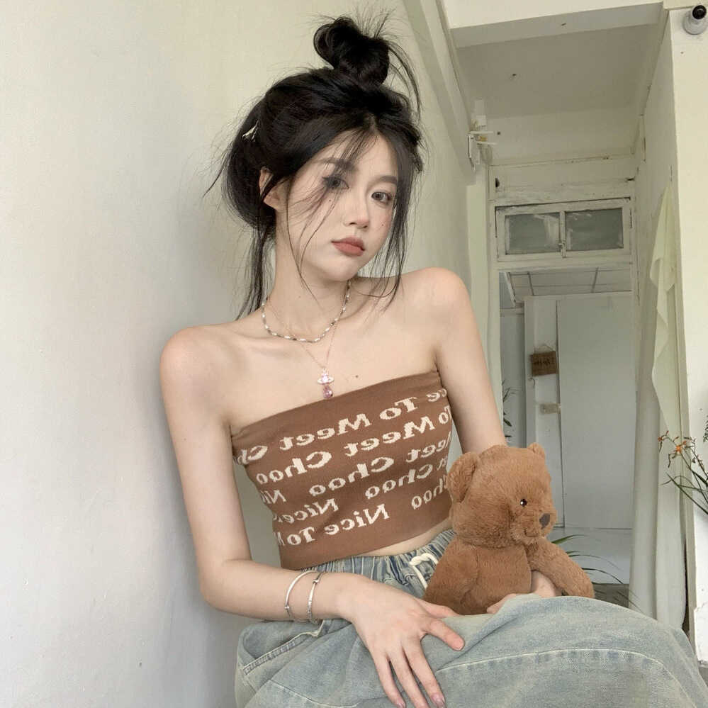 棕色抹胸外穿超辣字母吊带背心女春夏季纯欲风辣妹无袖针织上衣