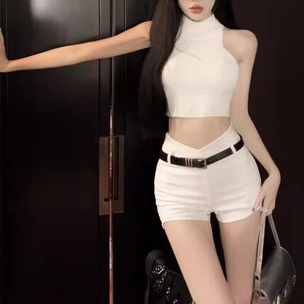 夏季辣妹针织欧美吊带背心新款半高领修身外穿打底短款无袖上衣
