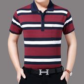 中年男士 爸爸装 翻领短袖 有口袋男上衣大码 t恤条纹纯棉体恤衫 夏季