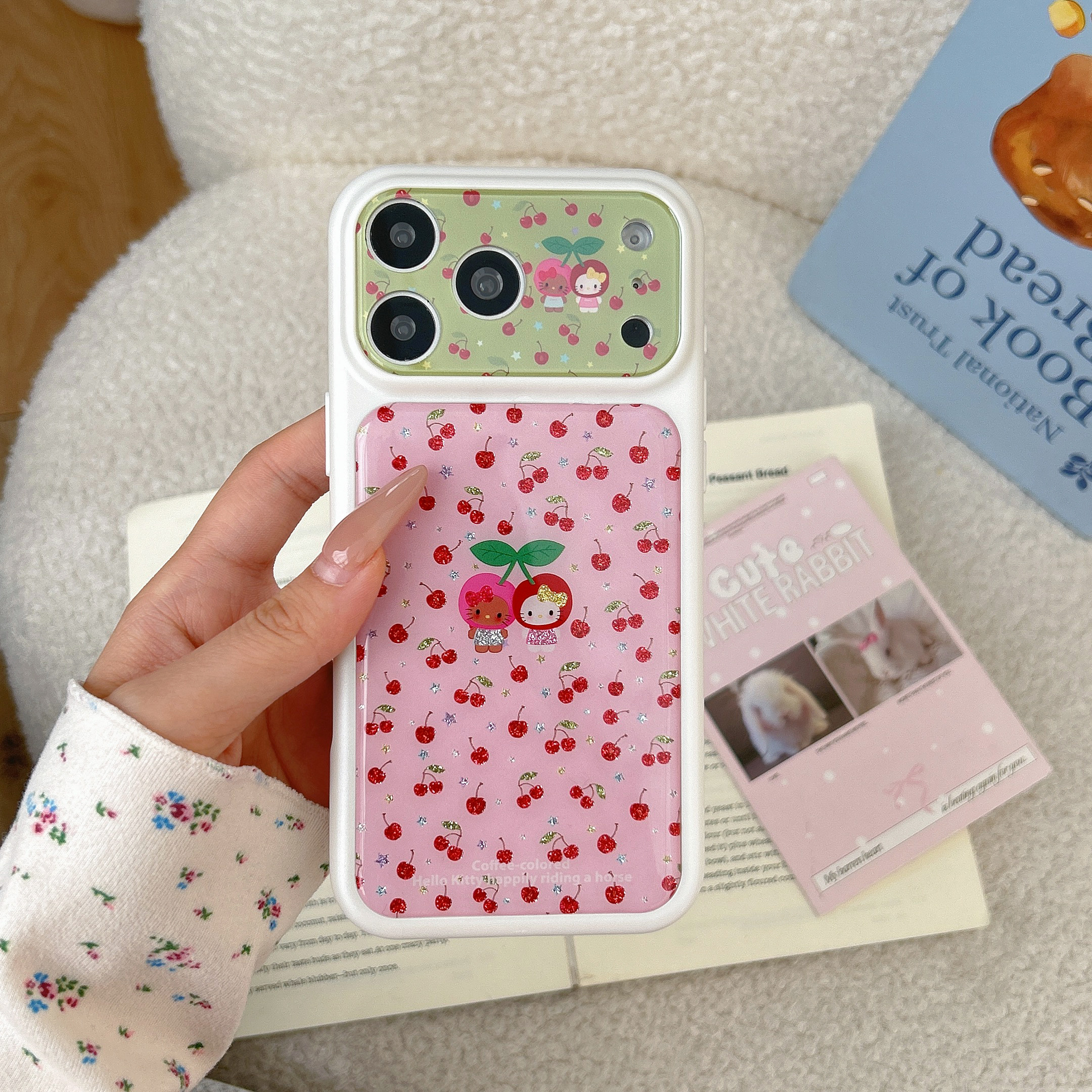 白框樱桃kitty猫适用iphone苹果17promax小众16pro可爱15女生甜美相机ai键一体秒变大视窗滴胶闪粉精孔手机壳