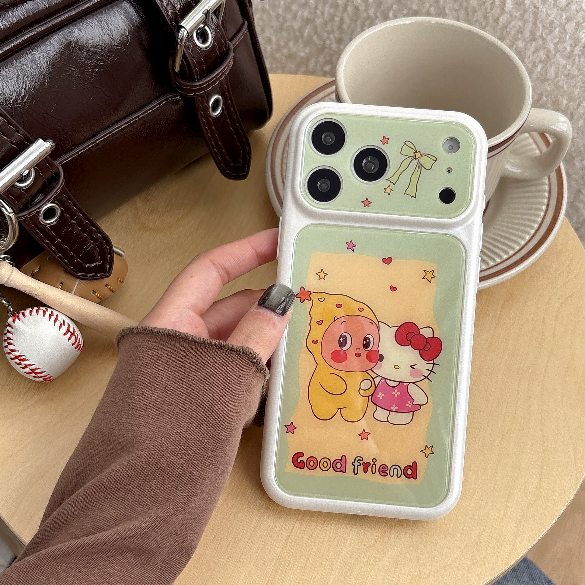 浅绿星星人KT猫适用iphone苹果17promax小众16pro可爱15女生甜美包相机键一体亮面玻璃秒变大视窗精孔手机壳