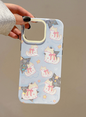 五角星蝴蝶结猫咪适用iphone17pro苹果16promax时尚15女生14亮片13包相机ai独立键IMD高出镜头边框印图手机壳