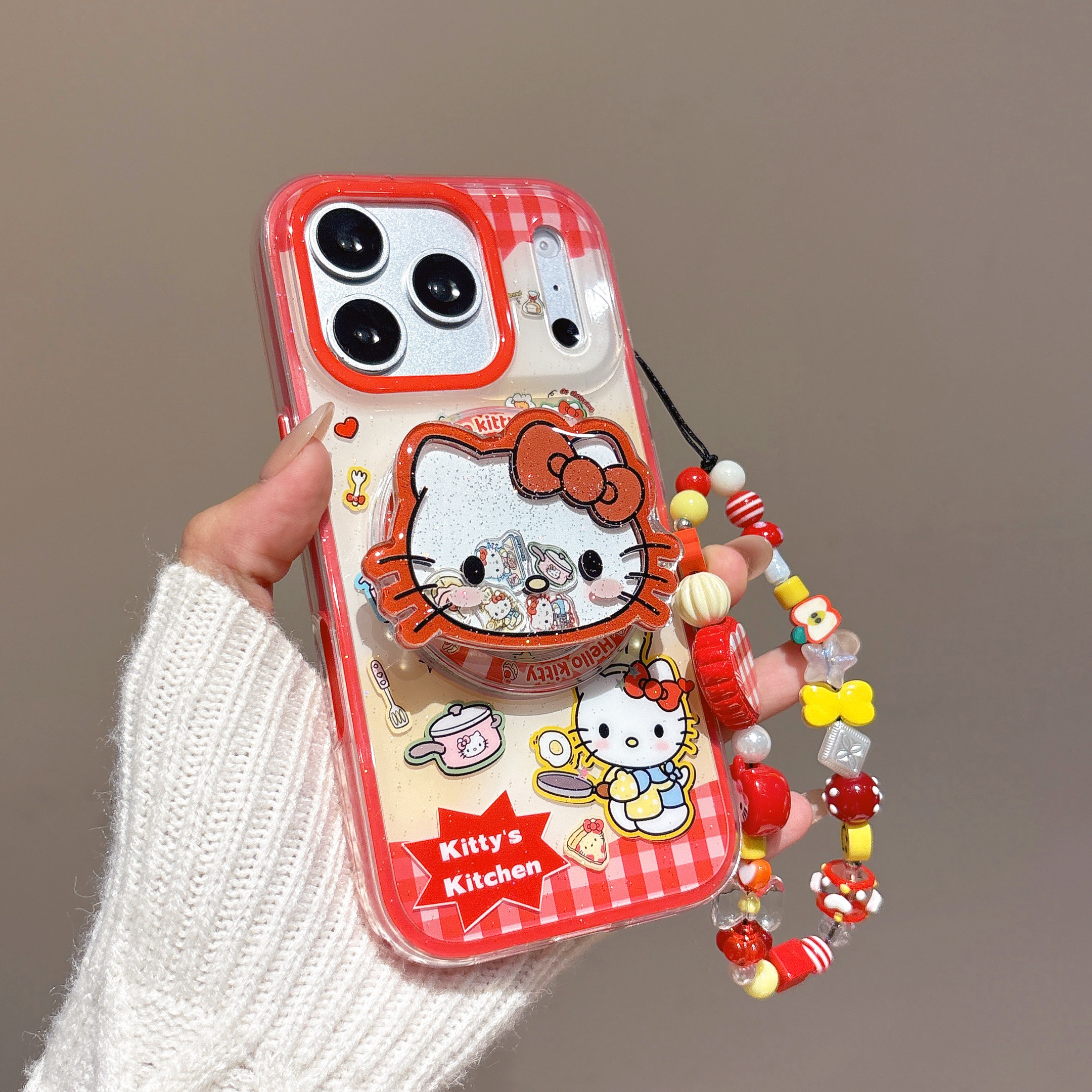 红色格子厨师Kitty猫支架挂绳适用iphone苹果17promax可爱16pro小众15少女14卡通13包相机键二合一磁吸手机壳