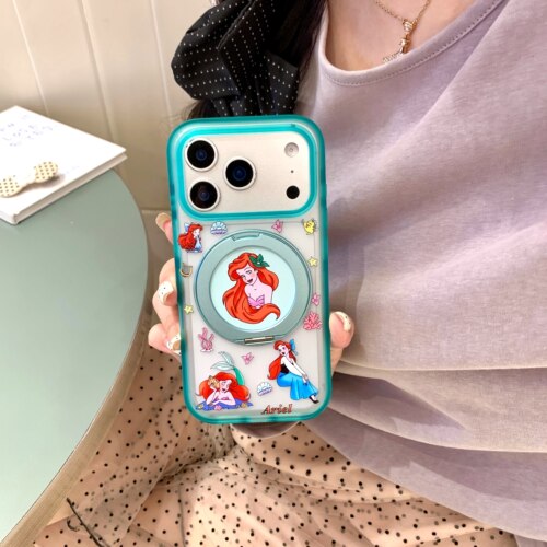 蓝框美人鱼公主苹果适用iphone苹果17promax卡通16pro可爱15小众男女时尚磨砂肤感不粘指纹360旋转支架手机壳