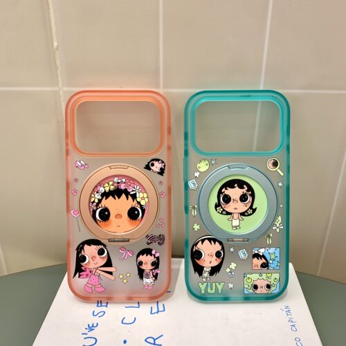 青橙框小玉苹果适用iphone苹果17promax卡通16pro可爱15小众潮流女生磨砂肤感不粘指纹360旋转支架磁吸手机壳