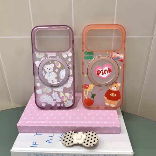 紫橙框小熊苹果适用iphone苹果17promax卡通16pro可爱15小众女生磨砂肤感不粘指纹360旋转横竖支架磁吸手机壳