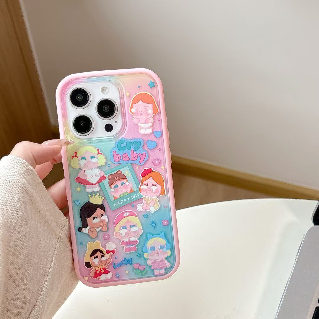 TPU软边框亚克力二合一ins适用iphone17promax苹果16pro时尚15女生14个性13可爱12木马kitty猫粉色哭娃手机壳