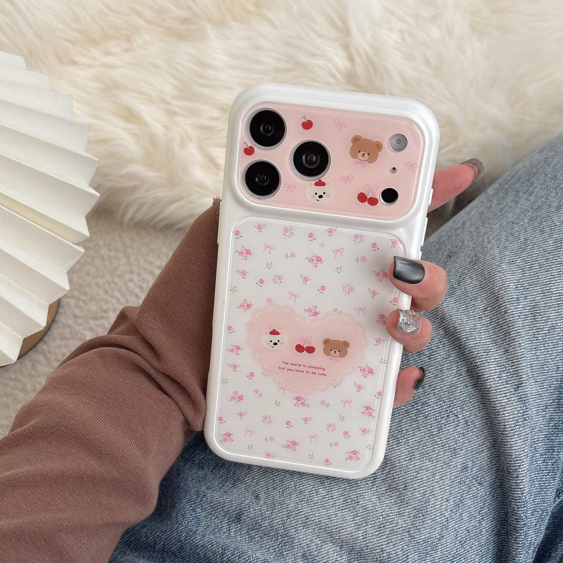 碎花爱心小熊适用iphone苹果17promax小众16pro可爱15女生甜美包相机ai键白色软边硬背秒变大视窗精孔手机壳