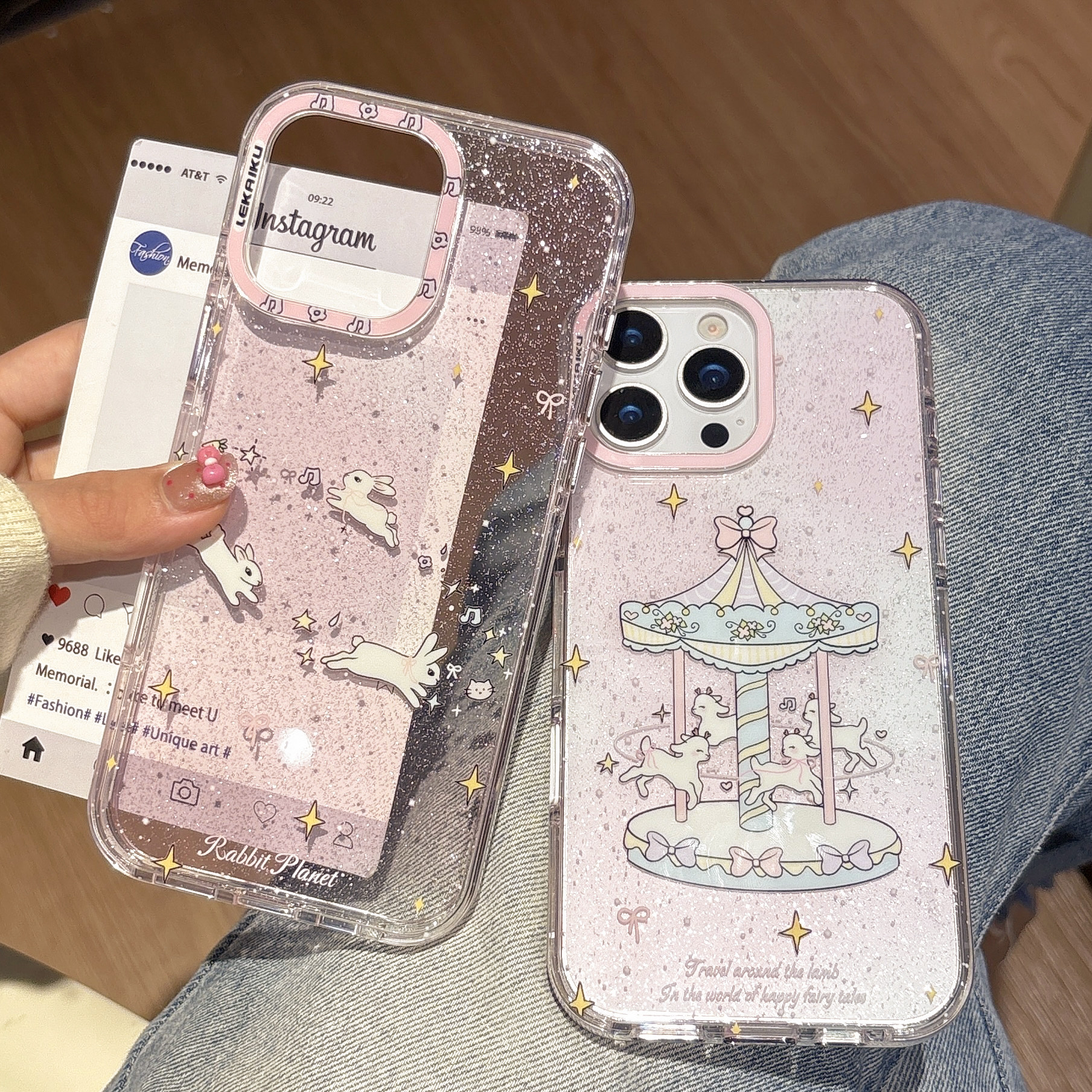 细闪旋转木马兔子适用iphone17promax苹果16pro可爱15萌系卡通亮面双层IMD全包相机键边框粉条星星防摔手机壳