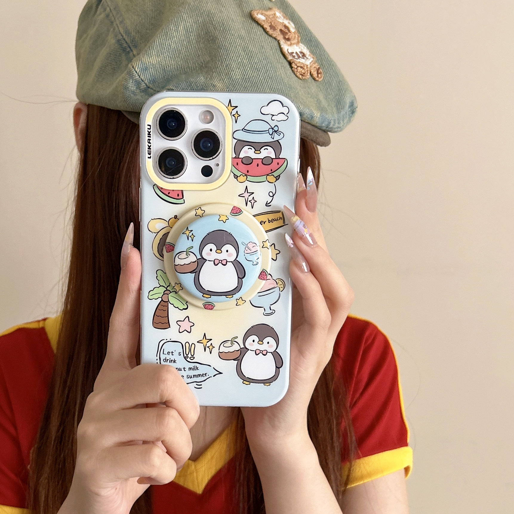 椰树吃瓜企鹅双层IMD适用iphone17pro苹果16promax卡通15女生可爱ins小众包相机AI独立键同款磁吸支架手机壳