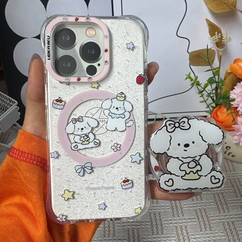 小狗猫咪适LEKAIKU适用iphone18苹果17promax可爱16pro卡通女生全包相机ai键高透细闪四角防摔磁吸支架手机壳