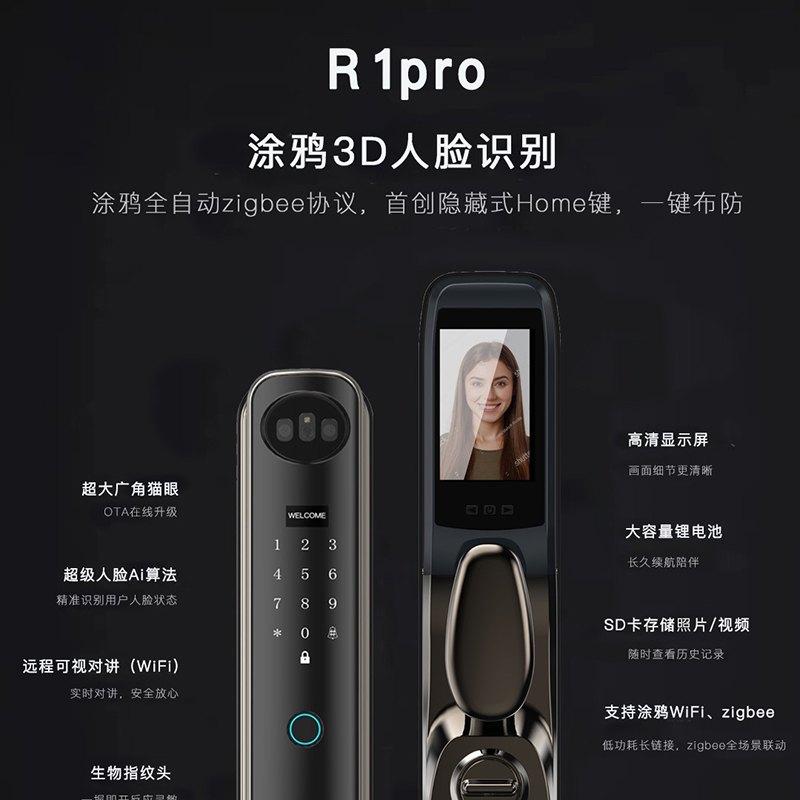 涂鸦智选Zigbee智能门锁 R1pro 3D人脸可视指纹识别密码锁官方正