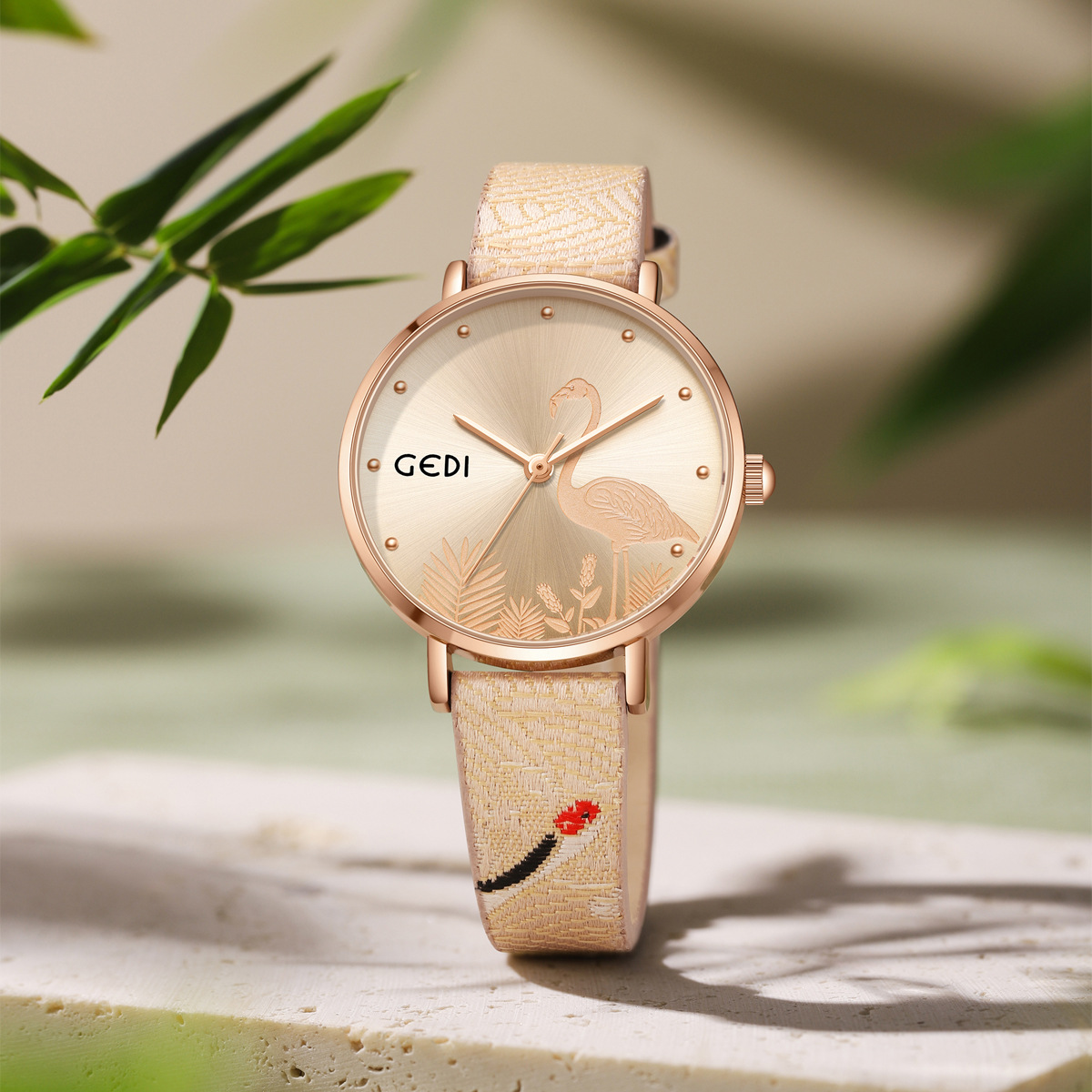 歌迪新中式女表小众艺术感火烈鸟皮带石英表女士精致石英手表