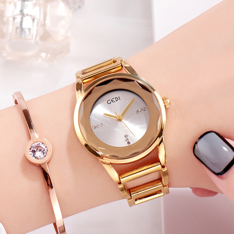GEDI玫瑰金镶钻简约刻度女士手表钢带防水时装石英表新款厂家直销