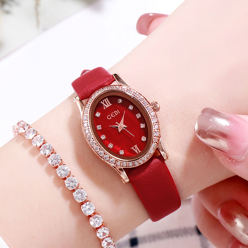 歌迪皮带女表时尚气质镶钻手表小表盘石英防水女士手表精致