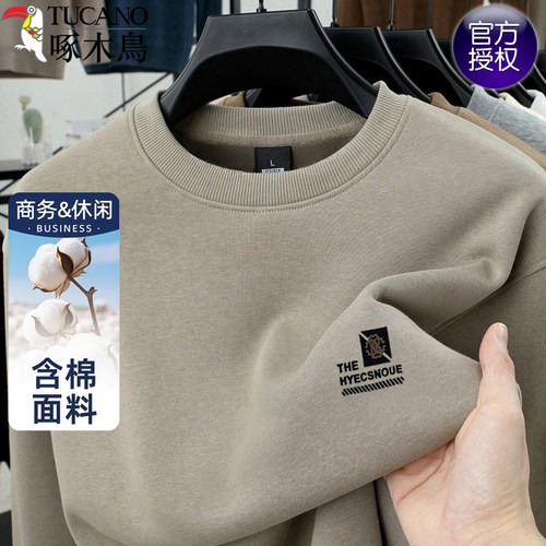 啄木鸟重磅纯棉加绒圆领卫衣男