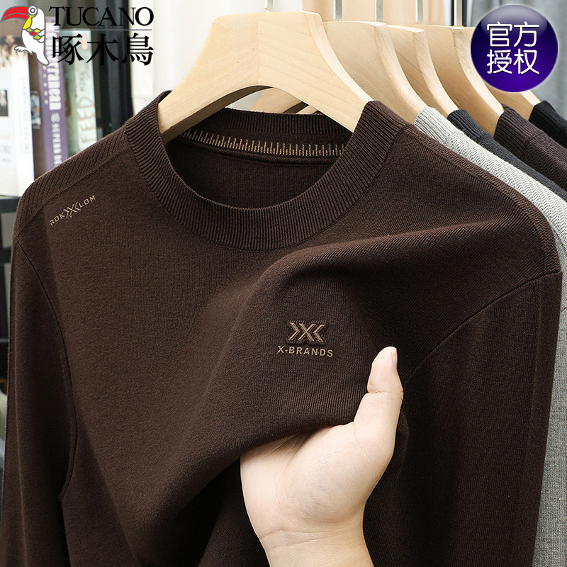 啄木鸟高端男士秋季新款圆领宽松毛衣中年男装简约针织打底衫上衣