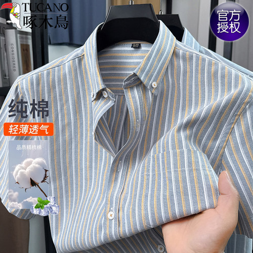 啄木鸟男士纯棉短袖条纹口袋衬衫