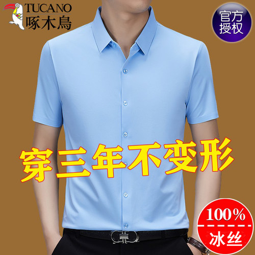 啄木鸟无痕冰丝衬衫短袖男士夏季商务休闲弹力抗皱透气薄款上衣服