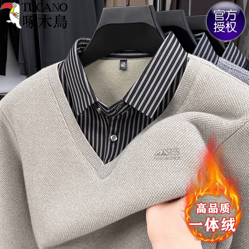 啄木鸟加绒加厚保暖衬衫领毛衣男