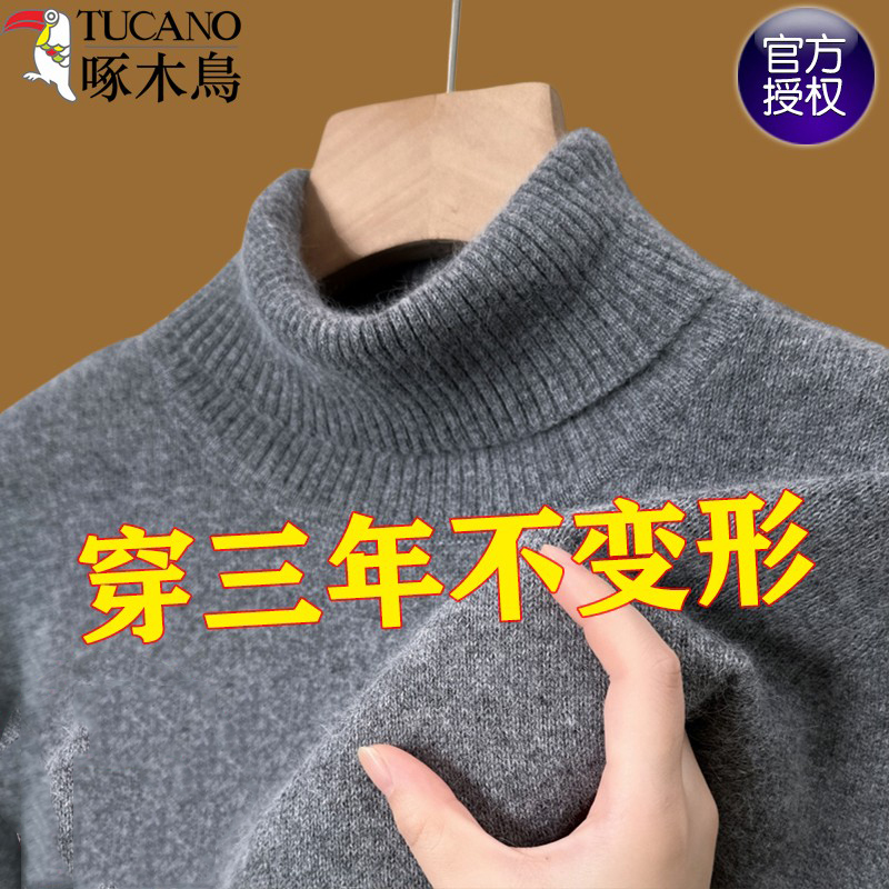 啄木鸟纯羊毛高领毛衣男打底衫