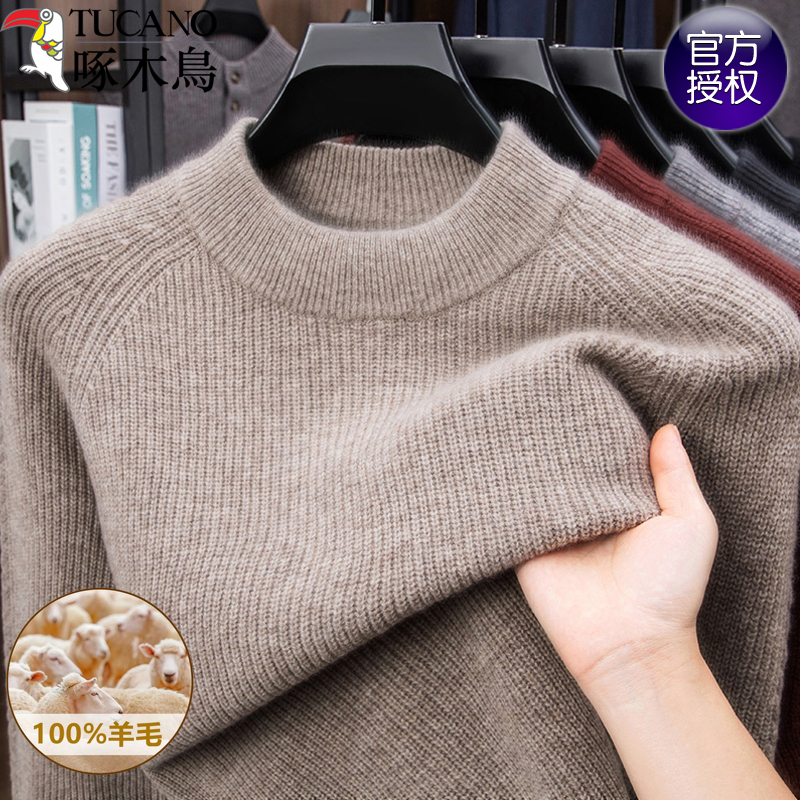 啄木鸟羊毛衫男纯羊毛半高领毛衣