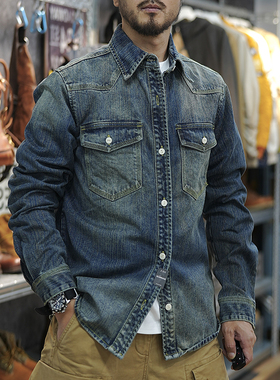 丹宁布修身袋花深色做旧牛仔衬衫杰森斯坦森同款美式复古RRL长袖