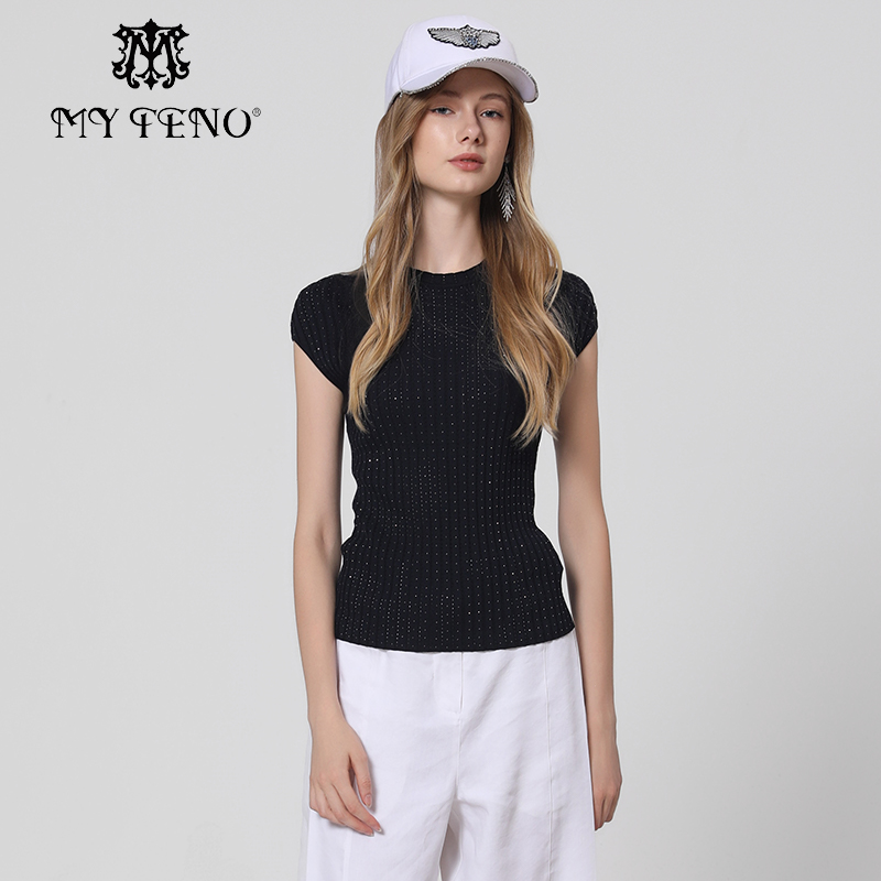 马天奴藏蓝烫钻提花短袖针织衫