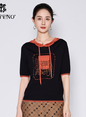 专柜正品马天奴秋冬新款女装黑色连帽衫针织上衣钉珠刺绣撞色休闲