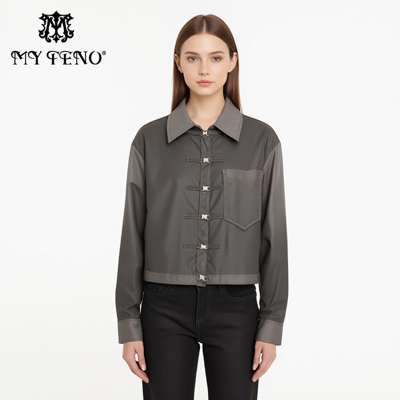 马天奴灰色翻领短款PU皮夹克