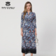 专柜正品 马天奴秋冬蓝色印花V领连衣裙子收腰长裙气质女装