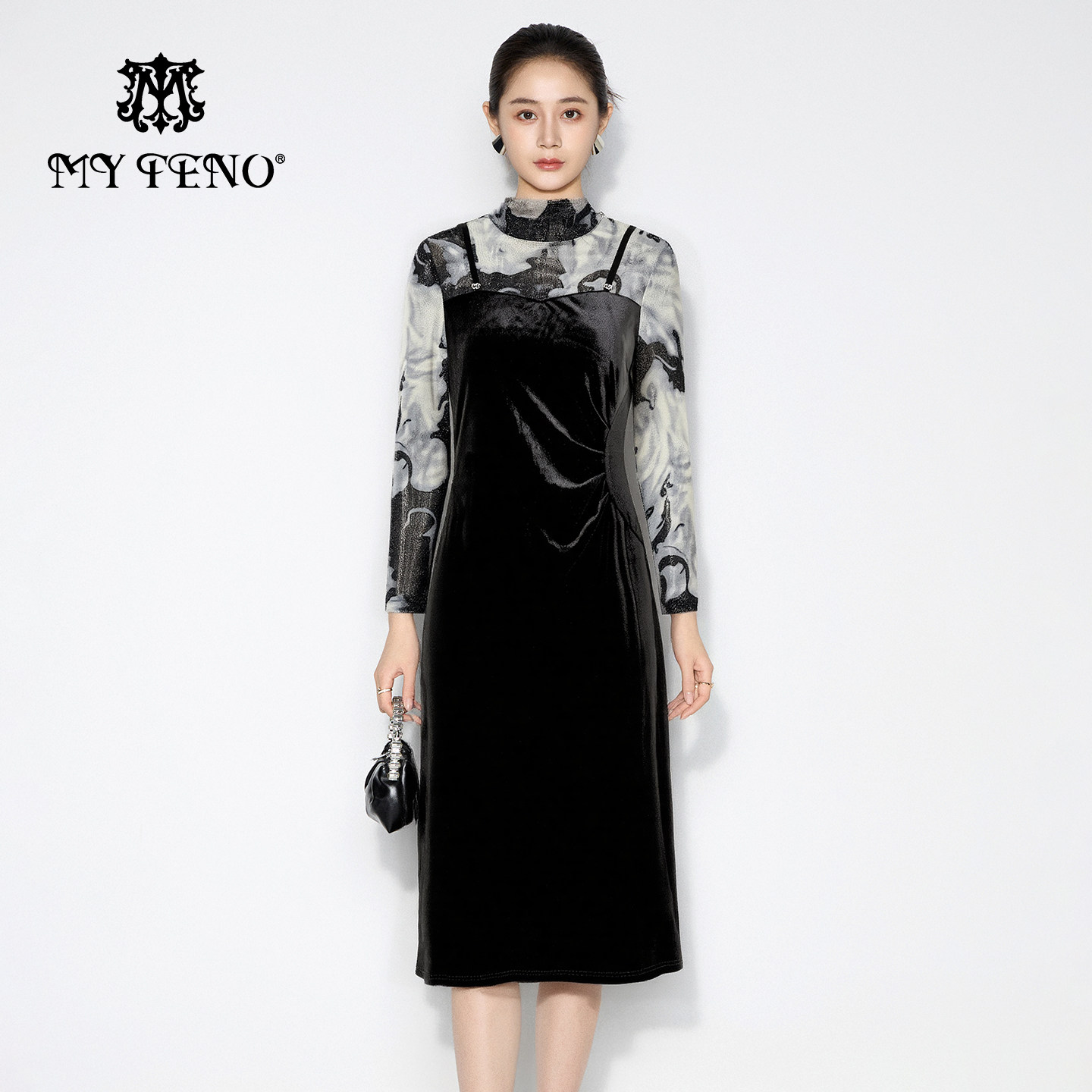 马天奴2025秋冬新款黑色半高领印花丝绒连衣裙子长袖修身气质时尚,女装/女士精品,连衣裙,淘宝优惠券,粉丝福利购,淘宝优惠卷