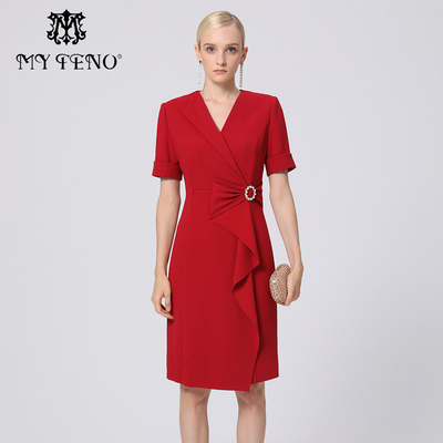 马天奴红色V领婚宴连衣裙