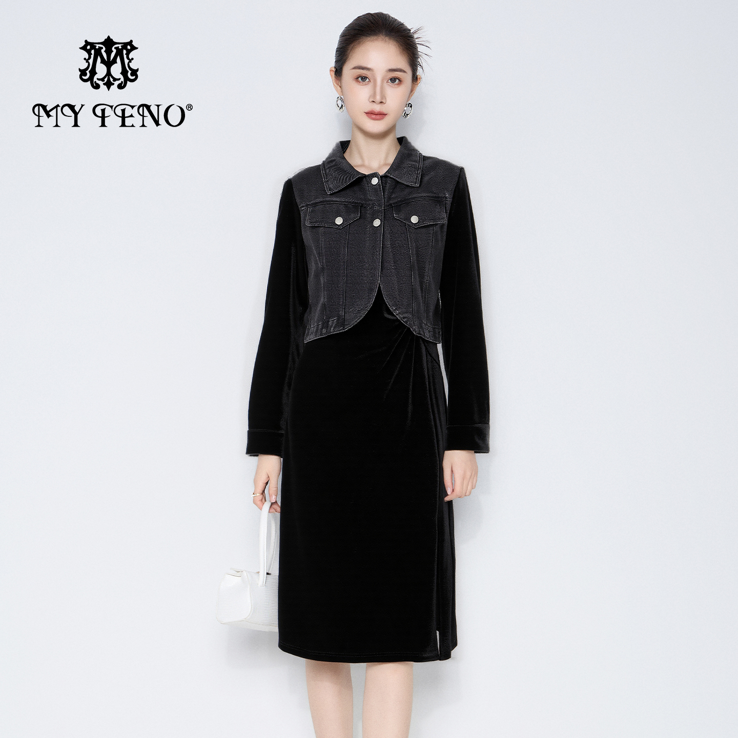 马天奴2025秋冬新款黑色拼接牛仔裤外套无袖收腰连衣裙子两件套装