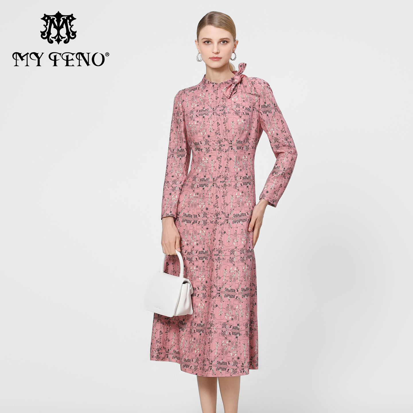 专柜正品马天奴2025秋冬新款粉色羊毛混纺印花连衣裙子收腰长袖女