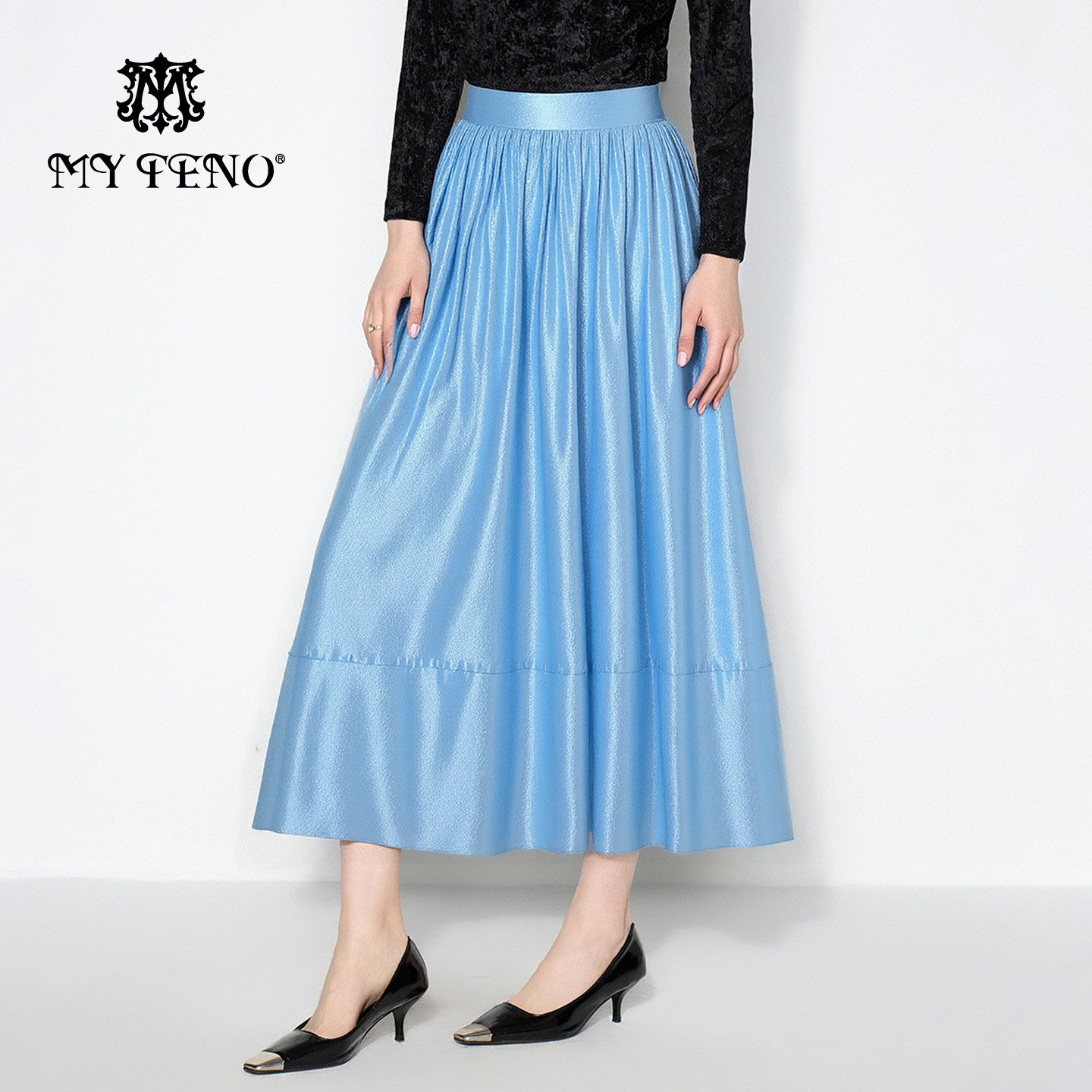 马天奴蓝色高腰大摆长款半身裙