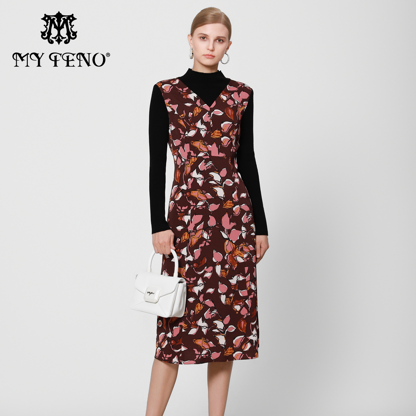 马天奴棕色印花羊毛收腰连衣裙