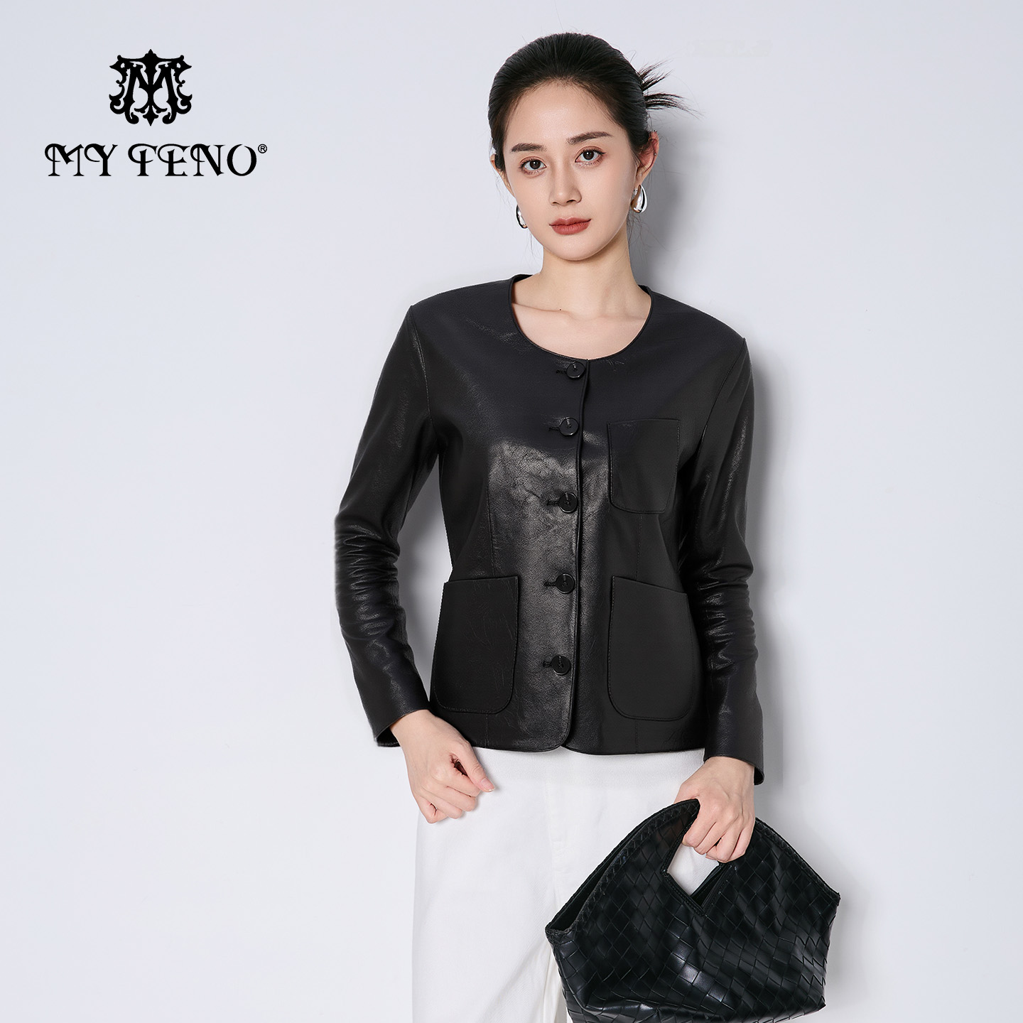 马天奴黑色圆领绵羊皮衣短外套