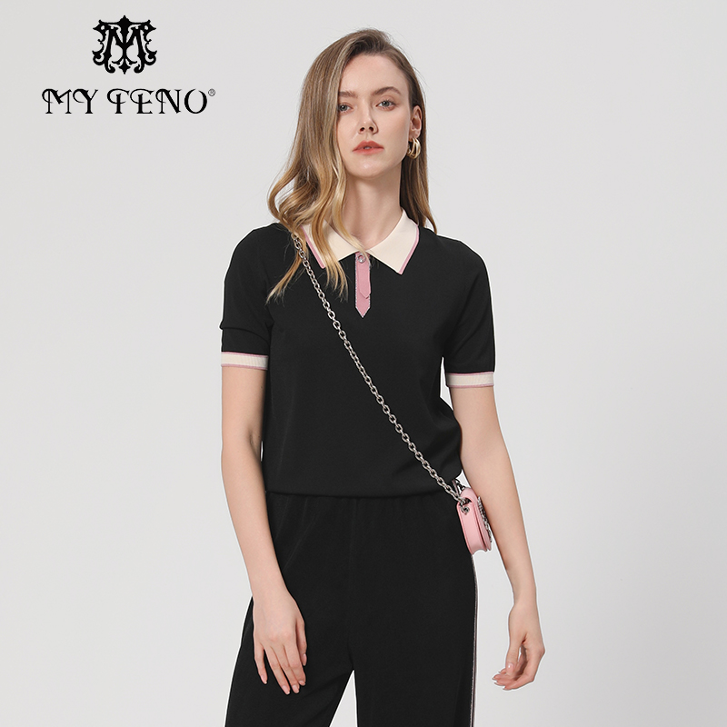 马天奴黑色翻领短袖修身针织衫