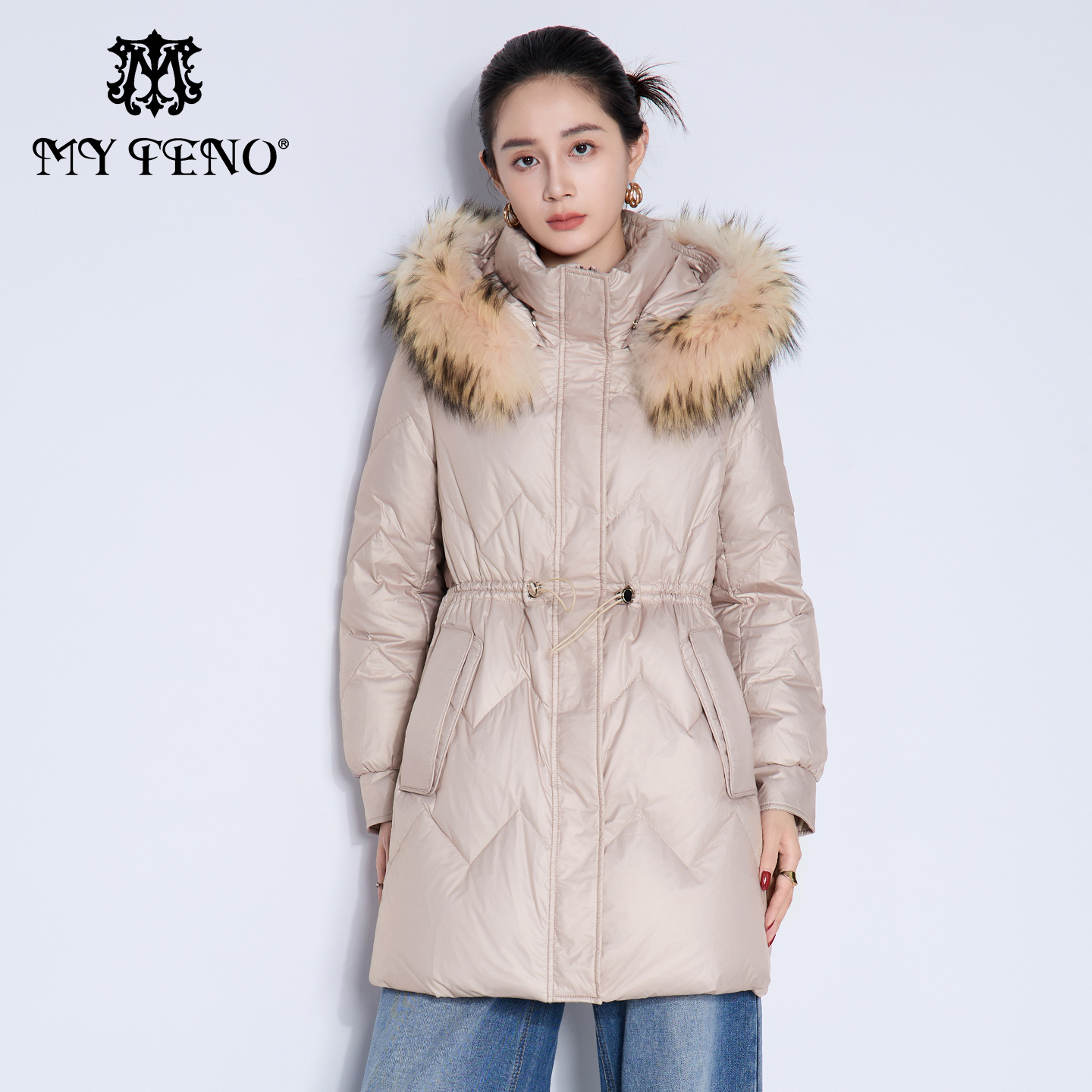 商场同款马天奴2025新款米白貉子毛领连帽高领羽绒服抽绳廓形时尚