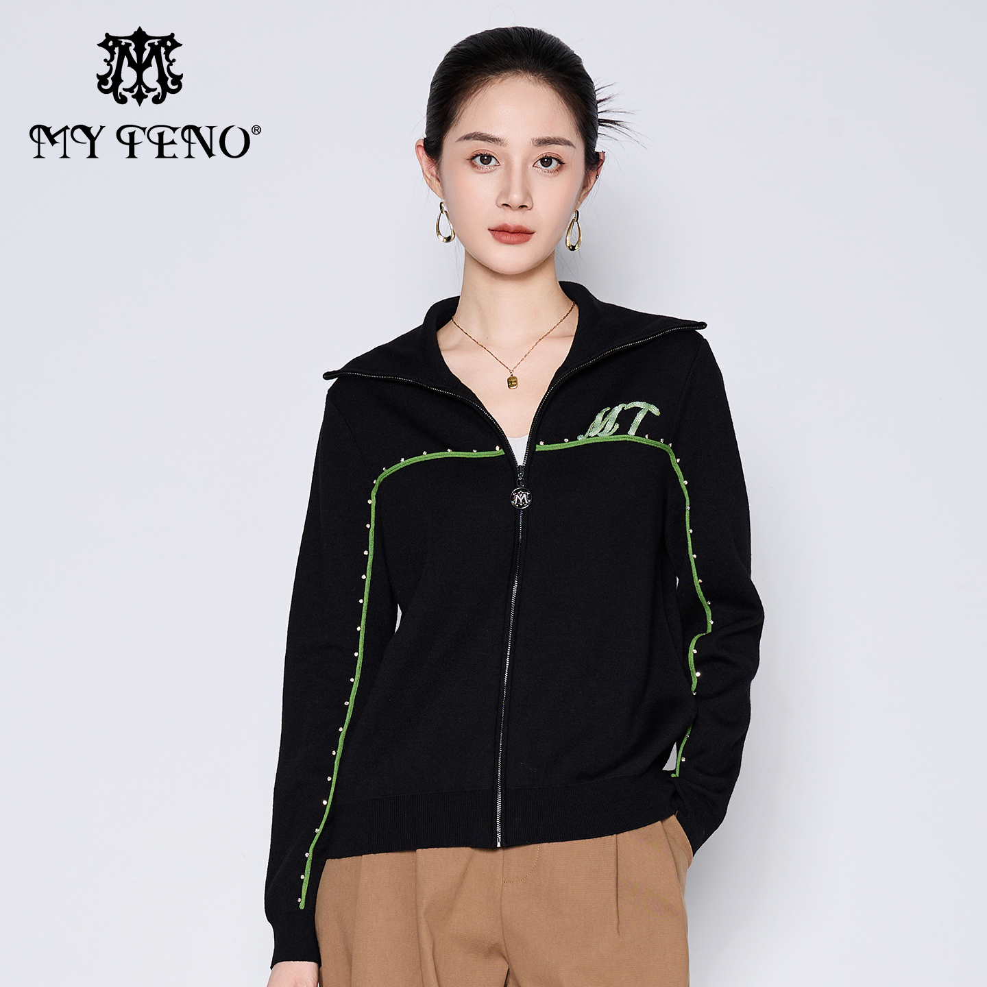 马天奴黑色绵羊毛混纺针织外套