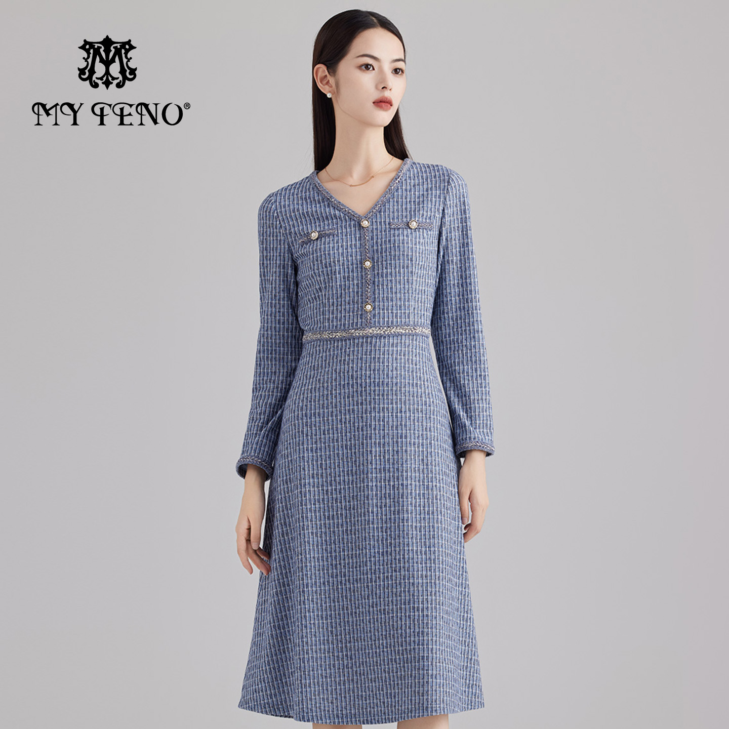 马天奴浅灰格纹肌理收腰连衣裙