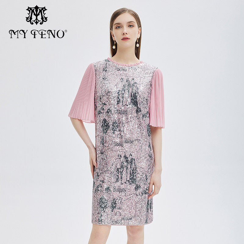 雪纺袖马天奴粉色珠片连衣裙