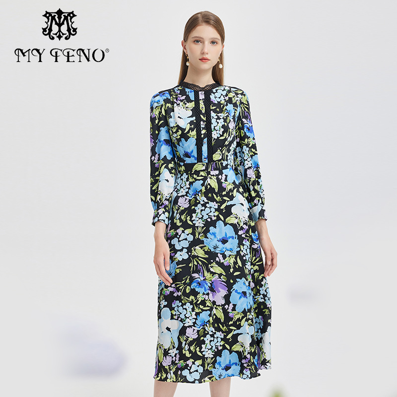 专柜正品马天奴夏蓝色印花法式连衣裙长袖收腰洋气长裙时尚女裙子