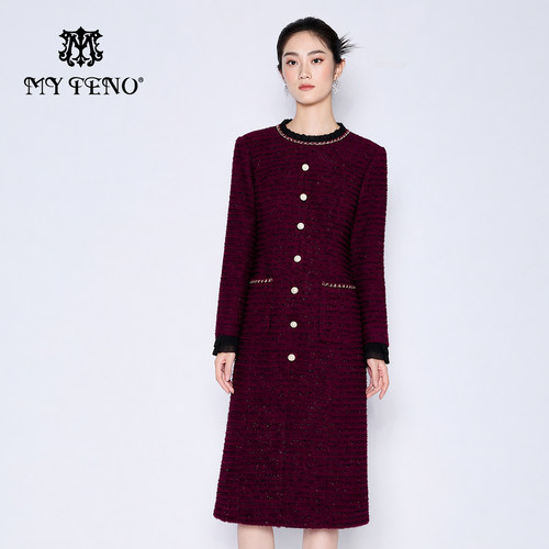 马天奴小香风紫色长袖连衣裙