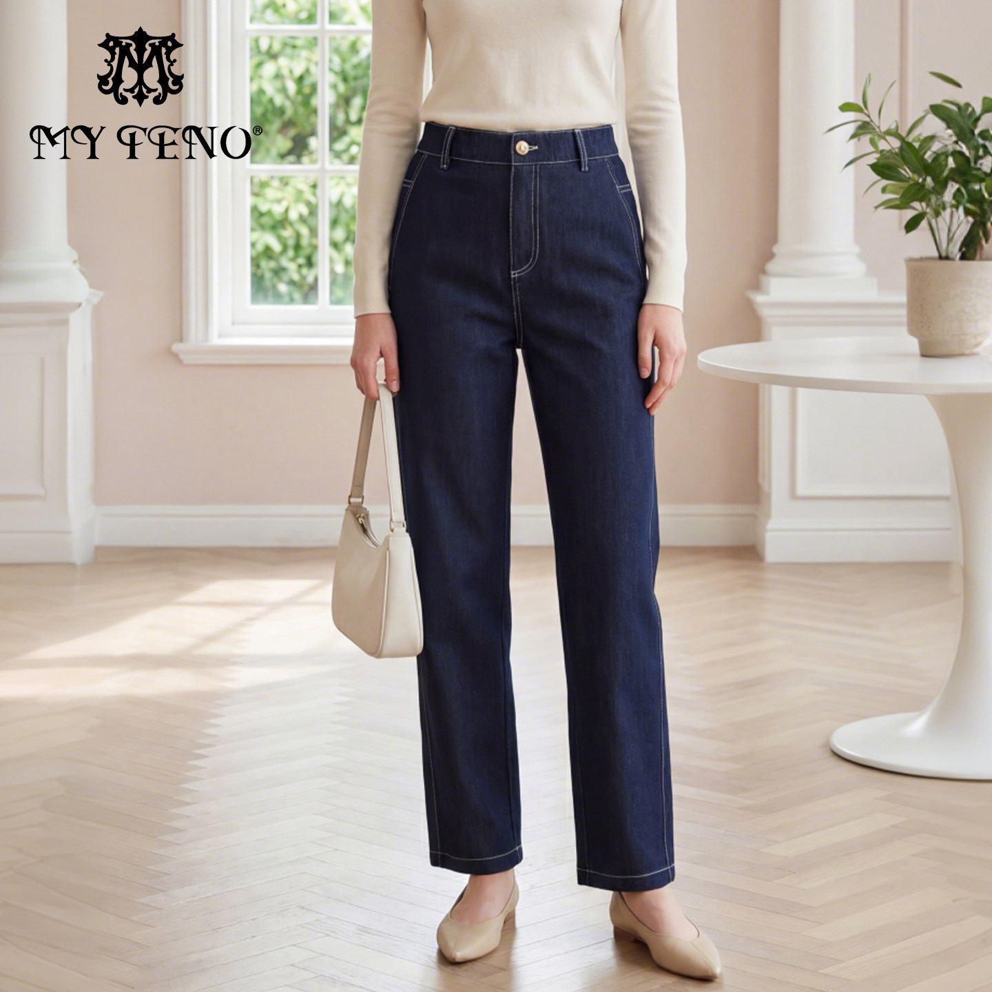 马天奴2025夏季新款宝蓝色直筒宽松牛仔裤子松紧腰时尚百搭简约女