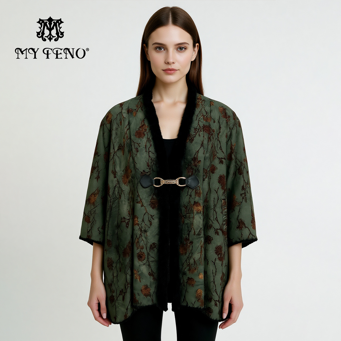 马天奴绿色植绒仿皮草斗篷外套