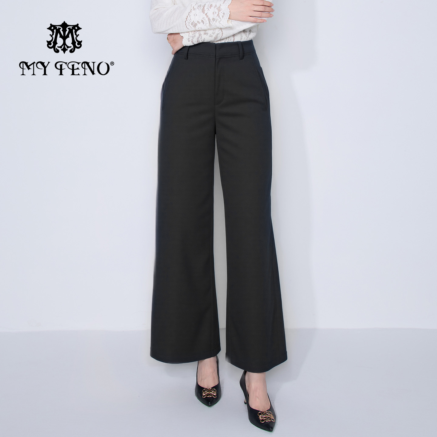 马天奴深藏青高腰宽松阔腿裤