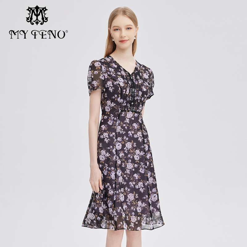 马天奴V领印花雪纺连衣裙