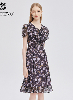 专柜正品马天奴女装夏V领印花雪纺连衣裙子时尚MRS306DRX0